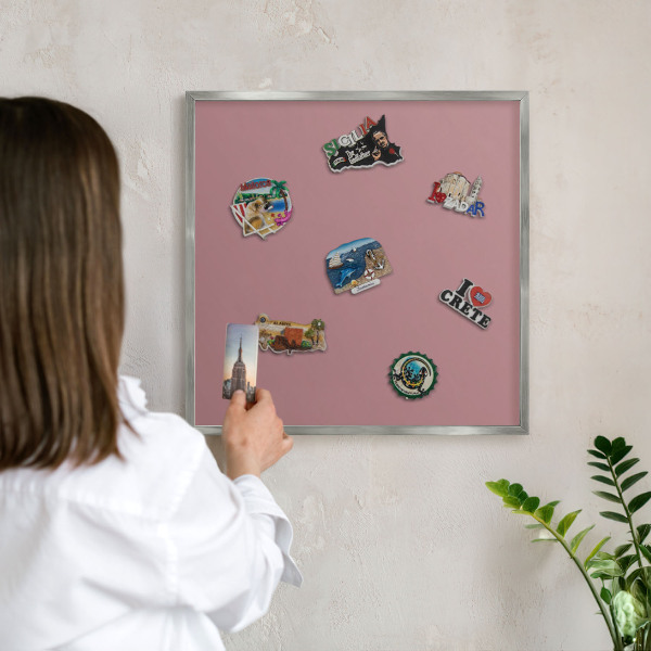 Souvenir magnet display board with a silver frame Dusty pink