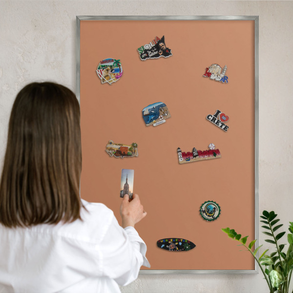 Souvenir magnet display board with a silver frame Dull orange