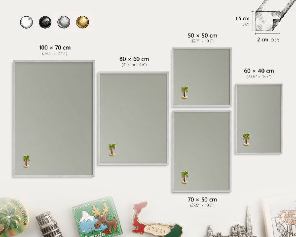 Souvenir magnet display board with a silver frame Neutral gray