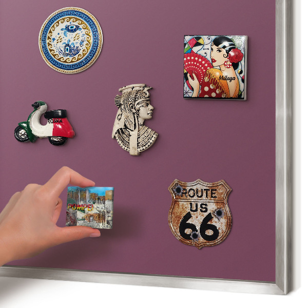 Souvenir magnet display board with a silver frame Purple color