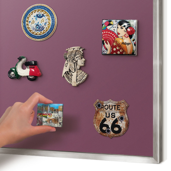 Souvenir magnet display board with a silver frame Purple color