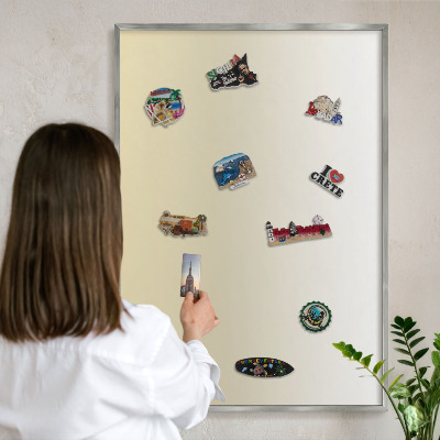 Souvenir magnet display board with a silver frame Cream gradient