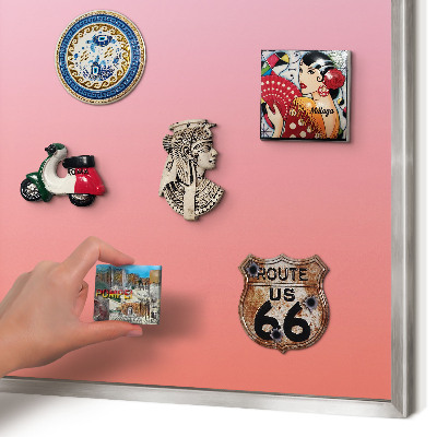 Souvenir magnet display board with a silver frame Pink orange