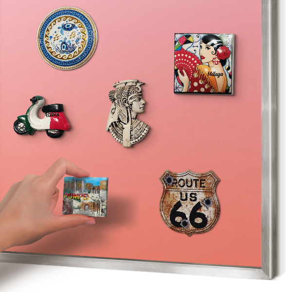 Souvenir magnet display board with a silver frame Pink orange
