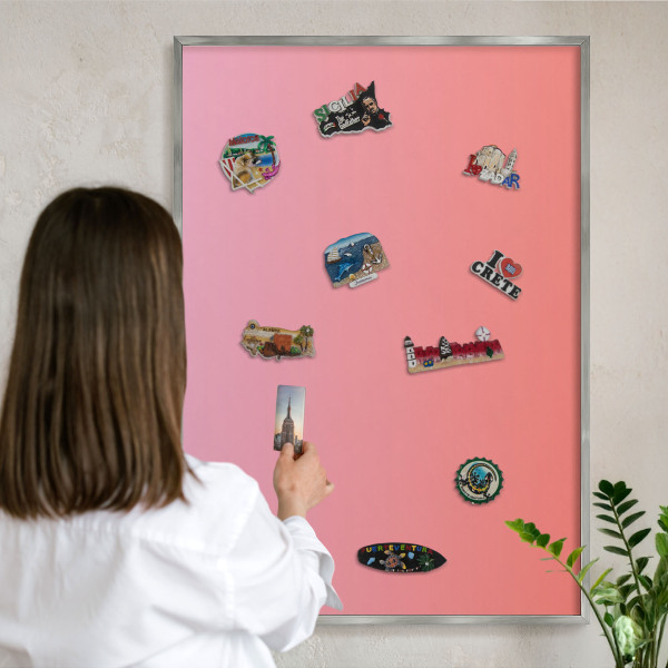 Souvenir magnet display board with a silver frame Pink orange