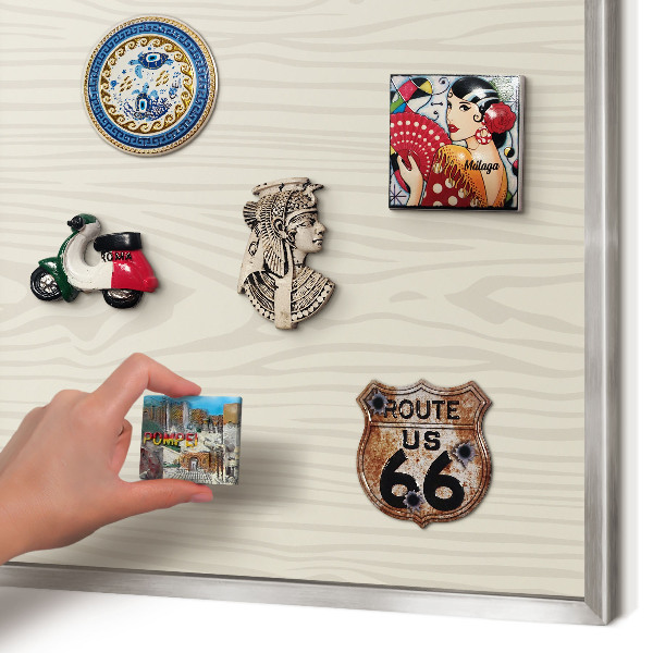 Printed magnet board in a silver frame Wooden rings