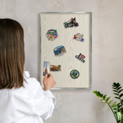 Printed magnet board in a silver frame Wooden rings