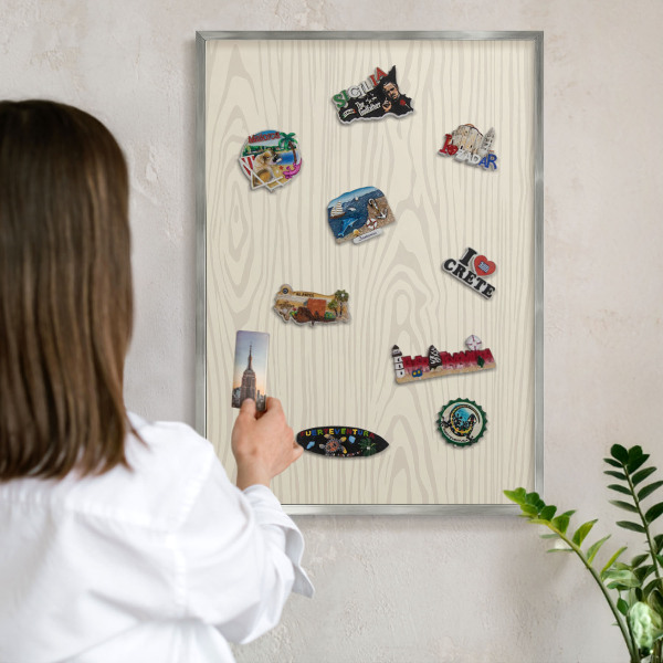 Printed magnet board in a silver frame Wooden rings