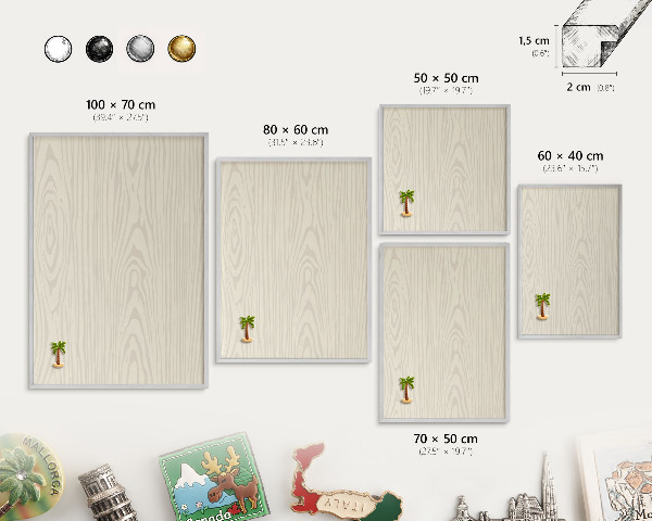 Printed magnet board in a silver frame Wooden rings