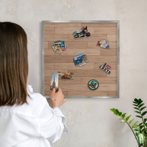 Souvenir magnet display board with a silver frame Wooden pattern