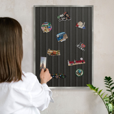 Souvenir magnet display board with a silver frame Panel texture