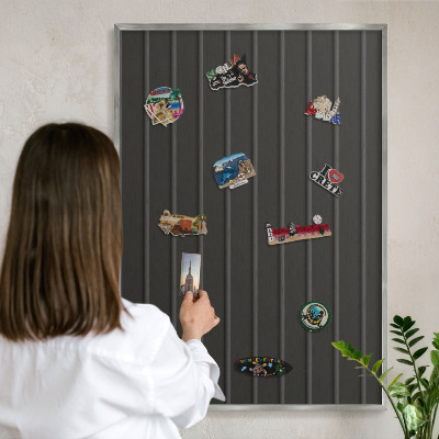 Souvenir magnet display board with a silver frame Panel texture