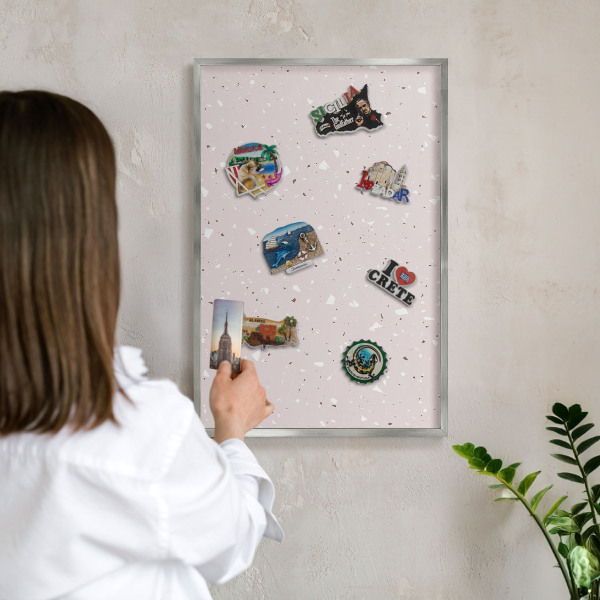 Souvenir magnet display board with a silver frame Modern terrazzo
