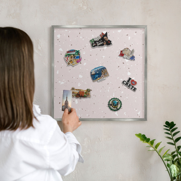 Souvenir magnet display board with a silver frame Modern terrazzo