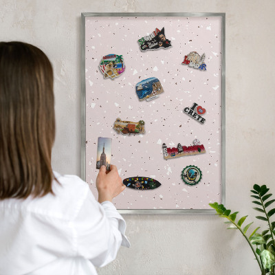 Souvenir magnet display board with a silver frame Modern terrazzo