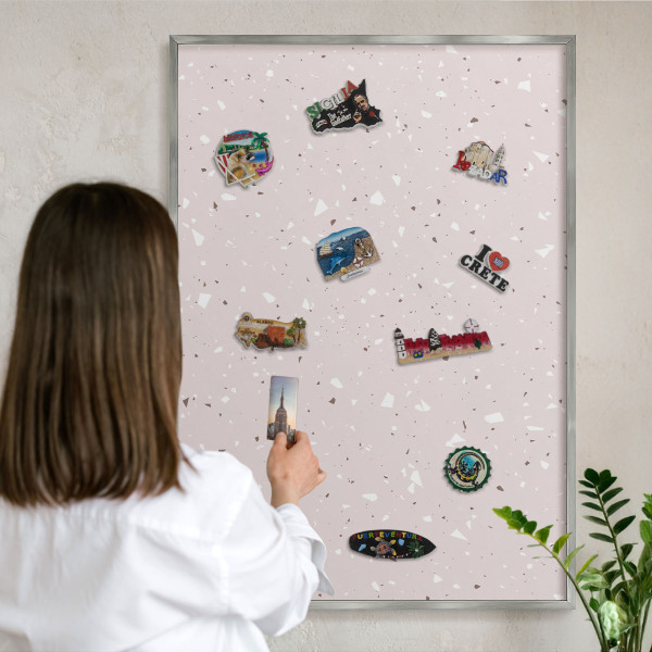 Souvenir magnet display board with a silver frame Modern terrazzo