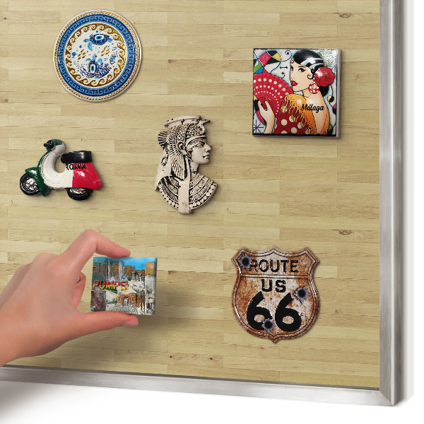 Souvenir magnet display board with a silver frame Wooden texture