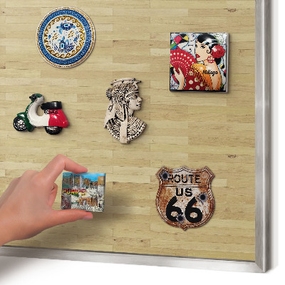 Souvenir magnet display board with a silver frame Wooden texture