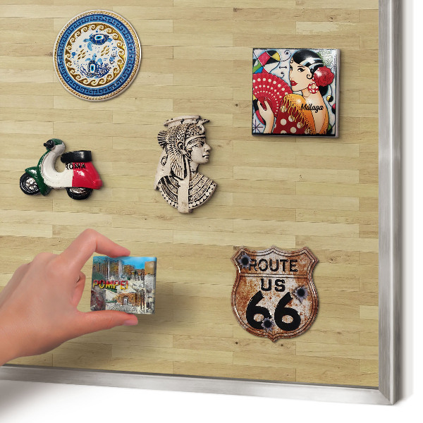 Souvenir magnet display board with a silver frame Wooden texture