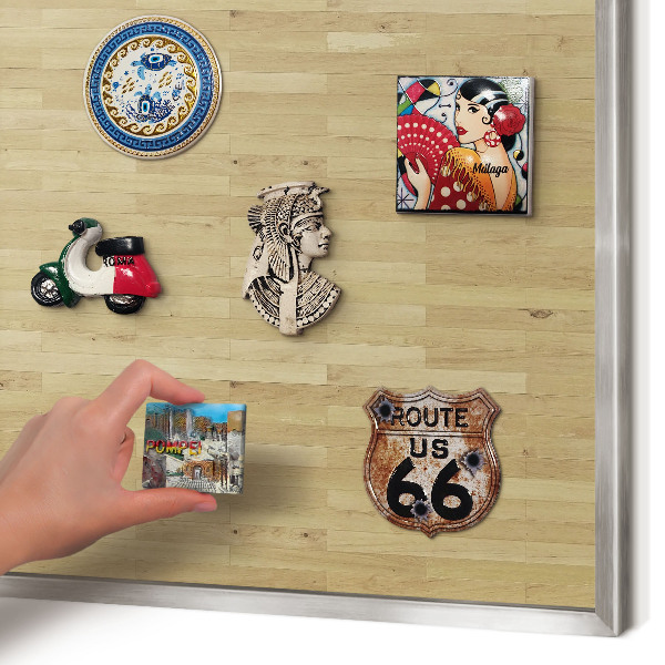 Souvenir magnet display board with a silver frame Wooden texture
