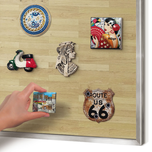Souvenir magnet display board with a silver frame Wooden texture