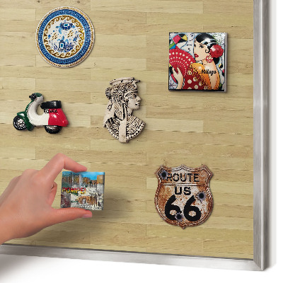 Souvenir magnet display board with a silver frame Wooden texture