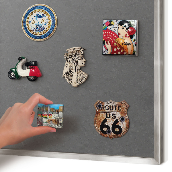 Souvenir magnet display board with a silver frame Gray texture