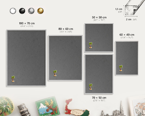 Souvenir magnet display board with a silver frame Gray texture