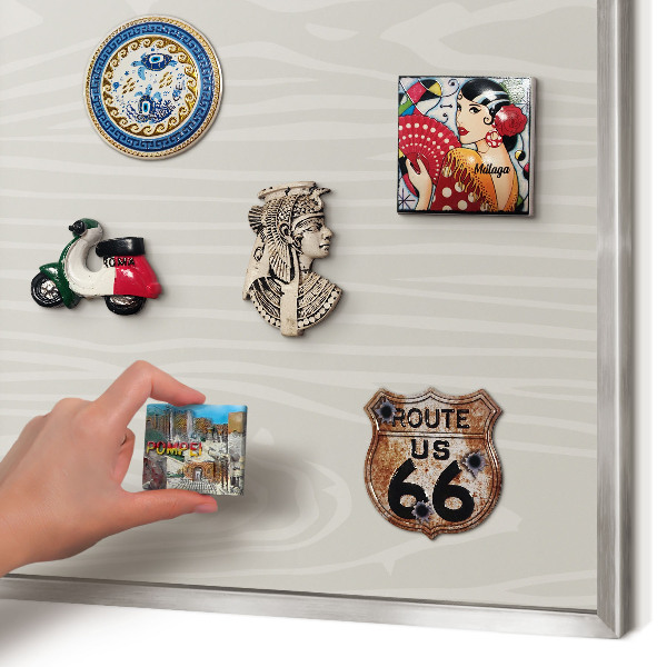 Souvenir magnet display board with a silver frame Wooden structure
