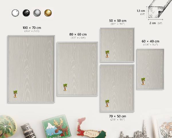 Souvenir magnet display board with a silver frame Wooden structure