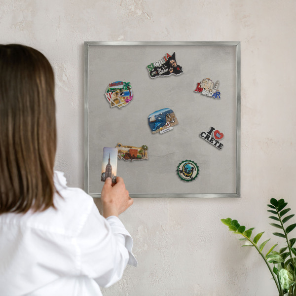 Printed magnet board in a silver frame Gray background
