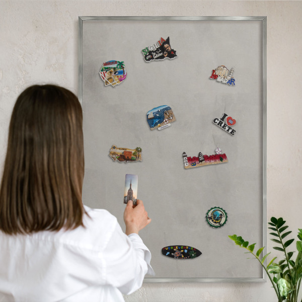 Printed magnet board in a silver frame Gray background