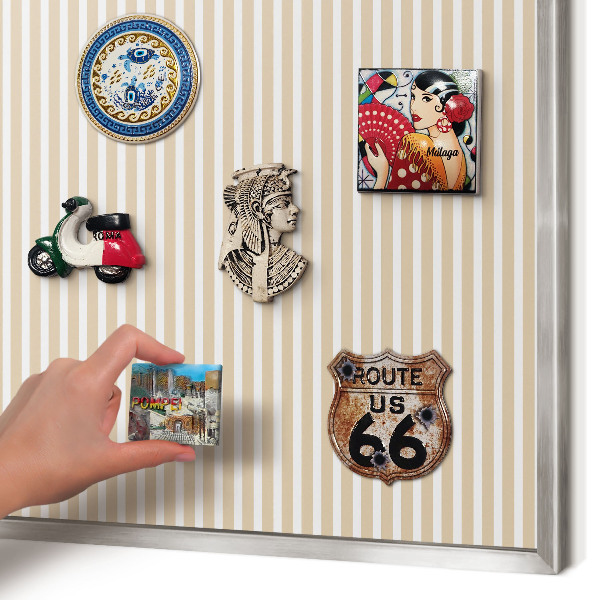 Souvenir magnet display board with a silver frame Vertical stripes