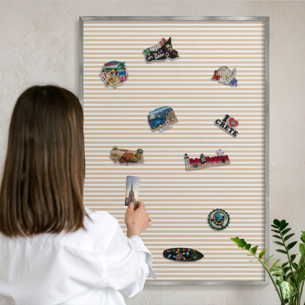Souvenir magnet display board with a silver frame Vertical stripes