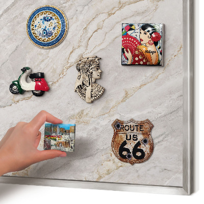 Souvenir magnet display board with a silver frame Marble elegance