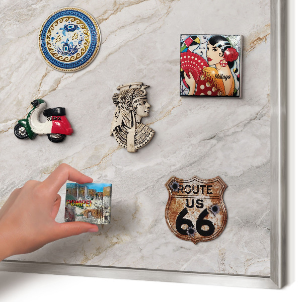 Souvenir magnet display board with a silver frame Marble elegance