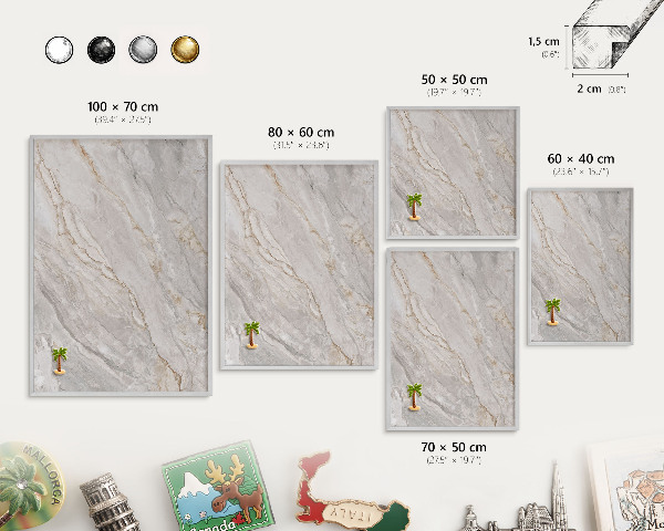 Souvenir magnet display board with a silver frame Marble elegance