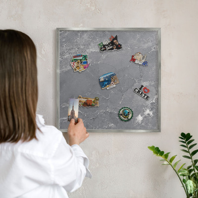 Printed magnet board in a silver frame Gray marble