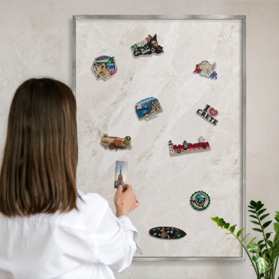 Souvenir magnet display board with a silver frame Creamy elegance