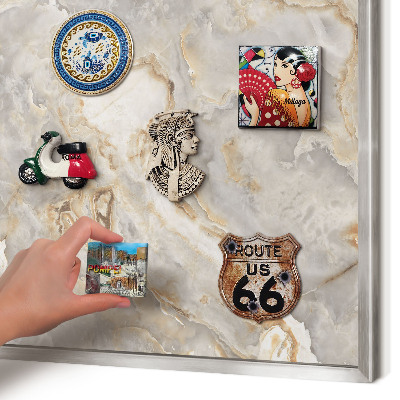 Souvenir magnet display board with a silver frame Marble elegance