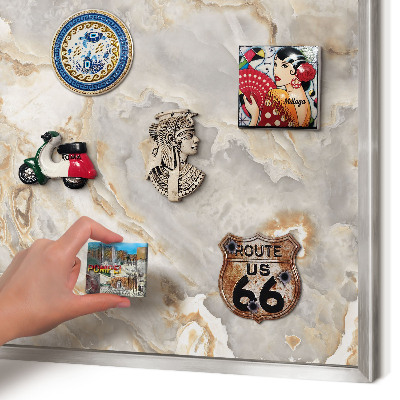 Souvenir magnet display board with a silver frame Marble elegance