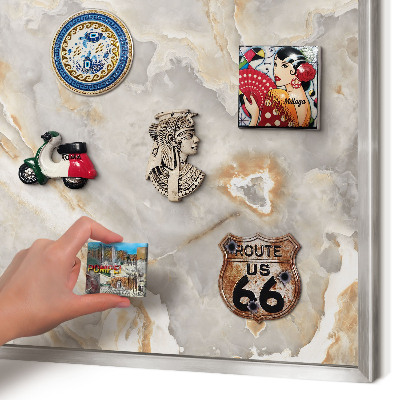 Souvenir magnet display board with a silver frame Marble elegance
