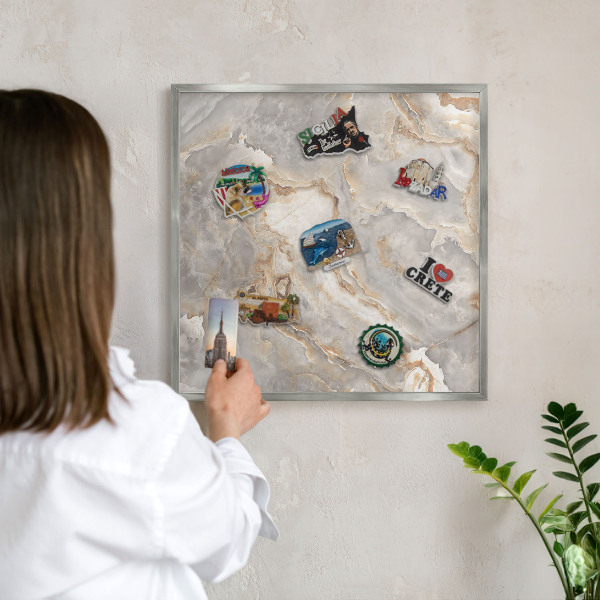 Souvenir magnet display board with a silver frame Marble elegance