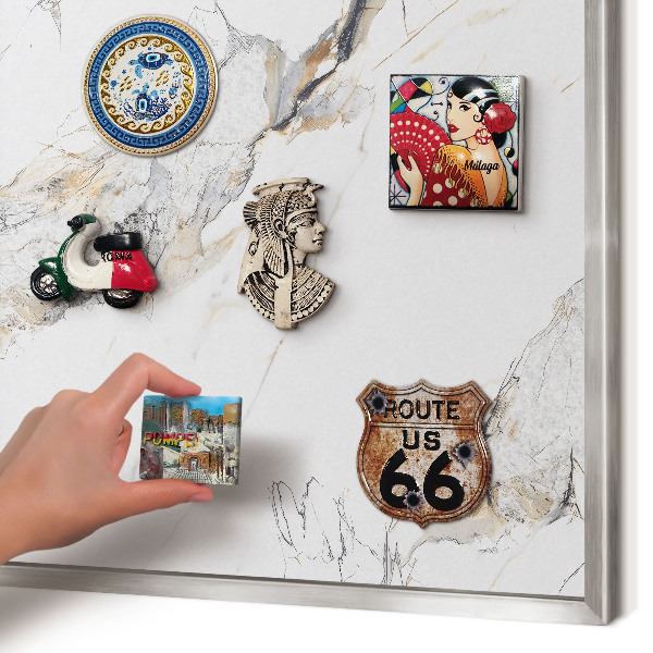 Souvenir magnet display board with a silver frame Marble effect