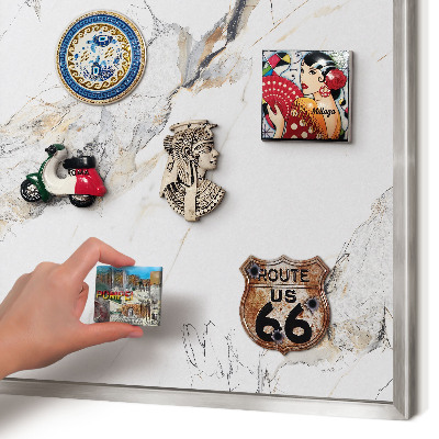 Souvenir magnet display board with a silver frame Marble effect