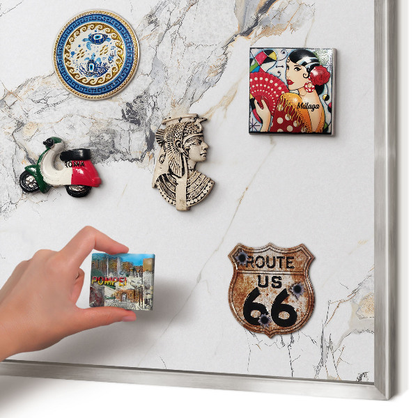 Souvenir magnet display board with a silver frame Marble effect