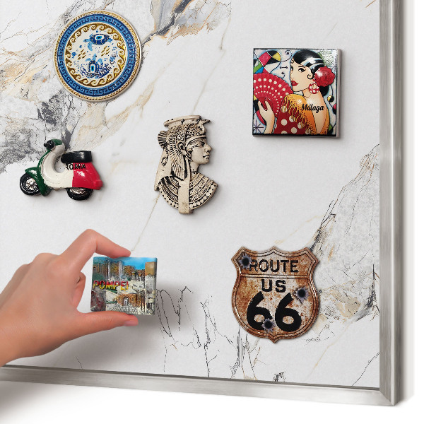 Souvenir magnet display board with a silver frame Marble effect
