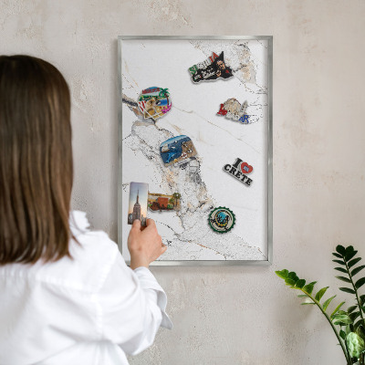 Souvenir magnet display board with a silver frame Marble effect