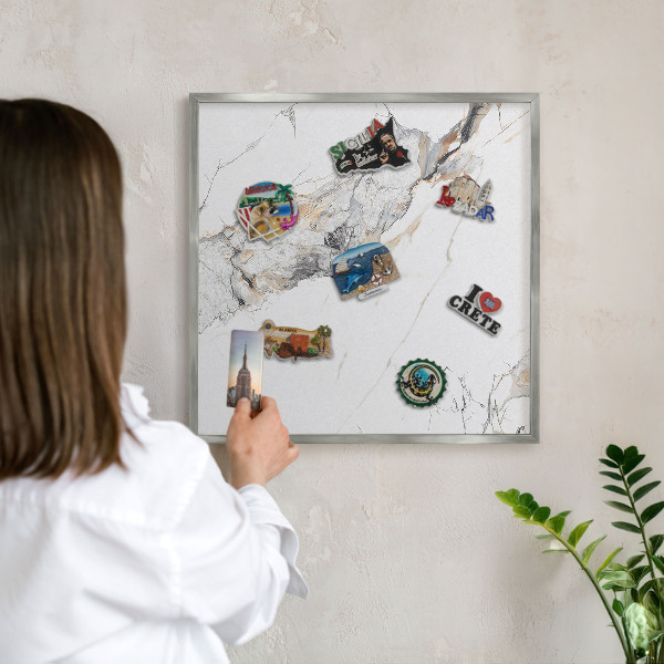 Souvenir magnet display board with a silver frame Marble effect