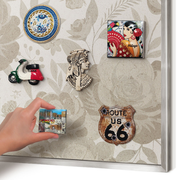 Souvenir magnet display board with a silver frame Vintage flowers